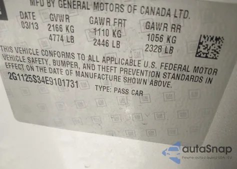 2014 Chevrolet Impala 2Lt z USA, uszkodzony, nr VIN 2G1125S34E9101731